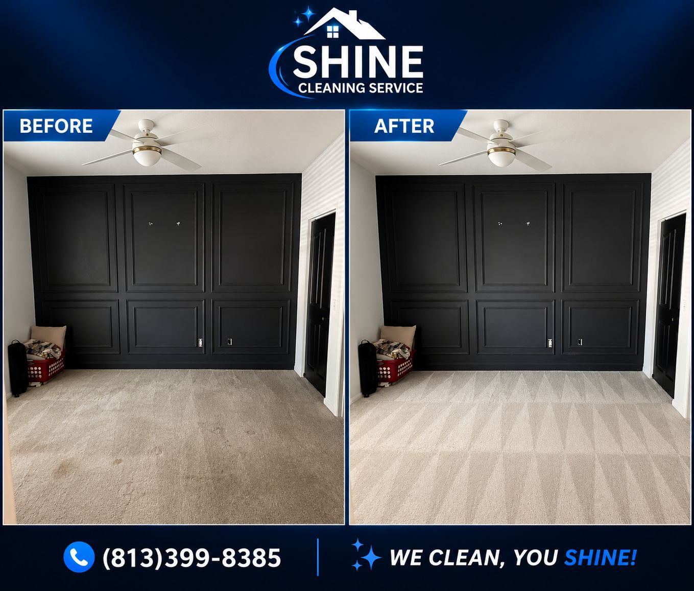 Before and after carpet cleaning in a Tampa bedroom