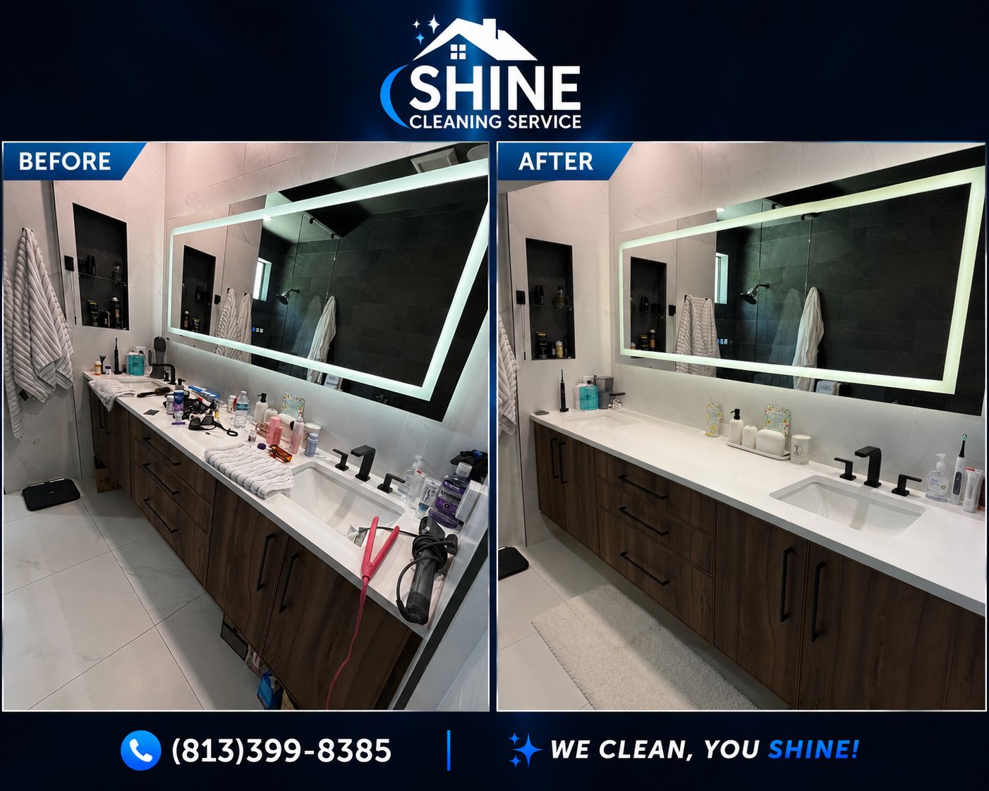 Before and after deep cleaning of a bathroom vanity